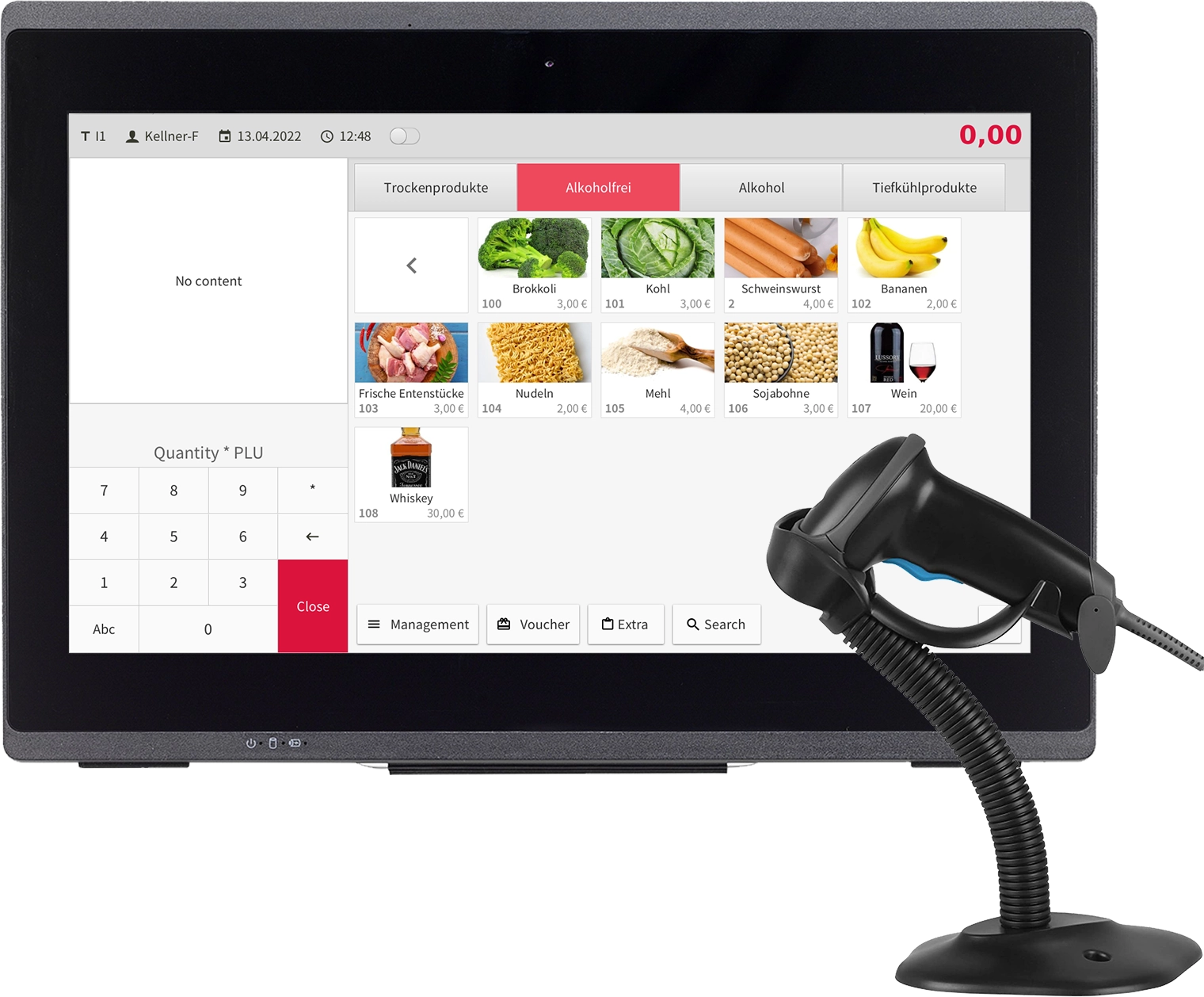 Flysoft POS machine and scanning machine are showcased in front of grocery in a supermarket.