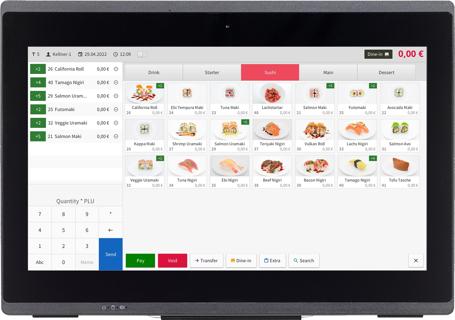 flysoft xo pos machine which is ideal for medium to large restaurant. the device shows the kitchen with the incoming order